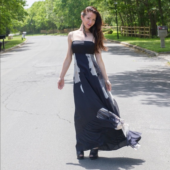 ZARA long black white floral spaghetti strap gown - Picture 2 of 3